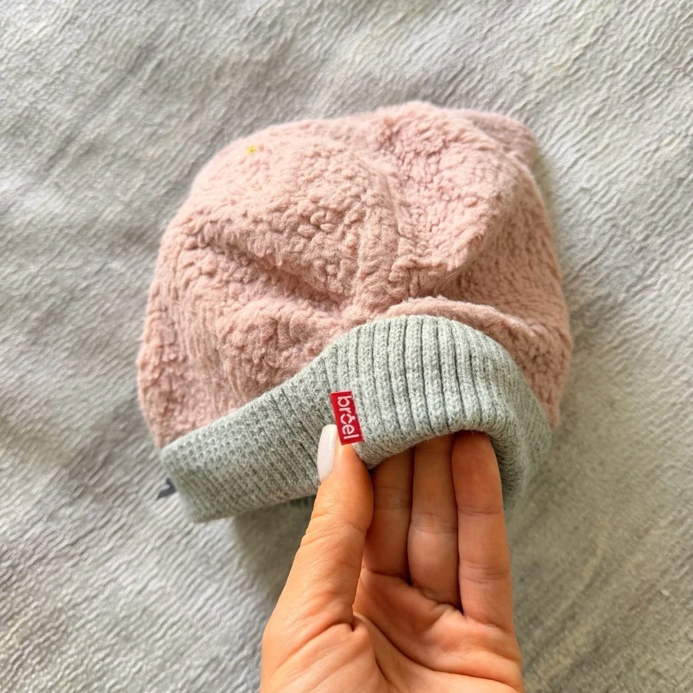 Kids Pink Plush Cat Ear Beanie Hat with Gray Trim, Size 4-6